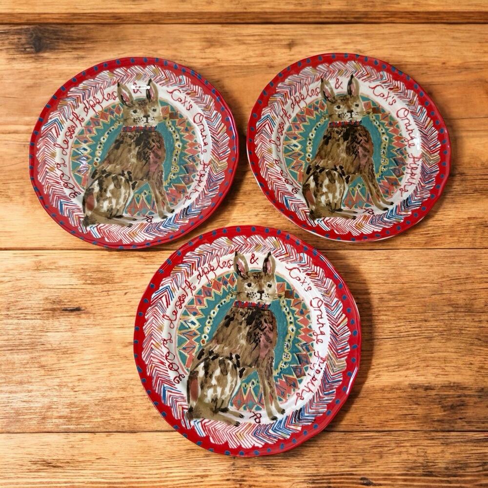 Anthropologie Woodland Picnic 3 Dessert Plates Cornelia O'Donovan - Rabbit